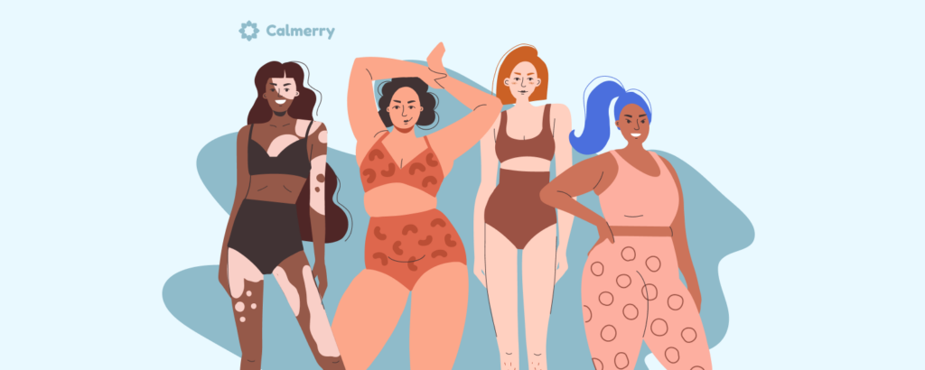 Overcoming body shaming, four beautiful women of different body shapes and skin color