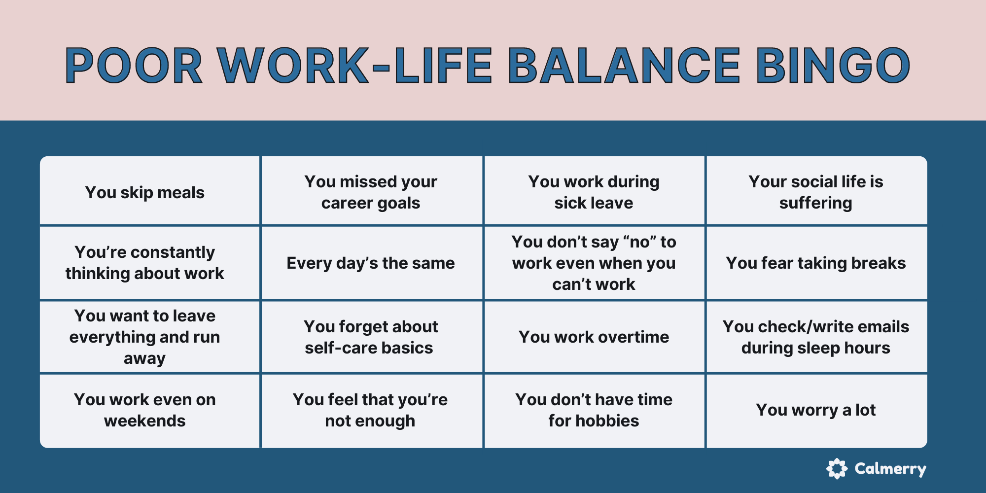 Poor work-life balance bingo 
