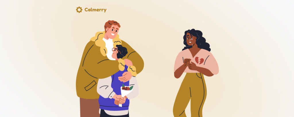 A touching illustration depicting the emotional pain of infidelity. On the left, a couple embraces tenderly, with the woman holding a wilted flower, symbolizing the fragility and decay of trust. On the right, a distressed individual stands alone, their face buried in their hands, embodying the heartbreak and isolation felt. The muted beige background contrasts with the characters' vibrant clothing, emphasizing the dichotomy of hope and despair. The 'Calmerry' logo in the top left corner suggests a context of counseling or support during such challenging times.