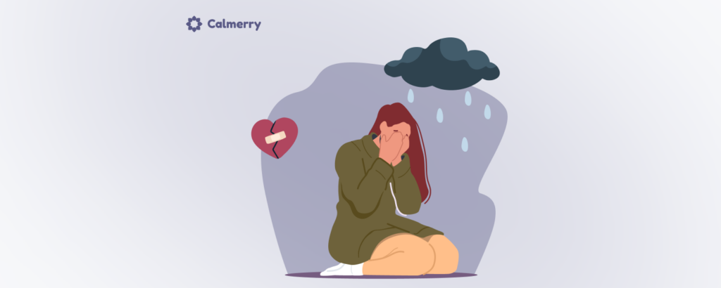 A woman experiencing bereavement kneels with her head in her hands as rain falls from a dark cloud above. A broken heart with a bandage symbolizes the pain of loss and grief.